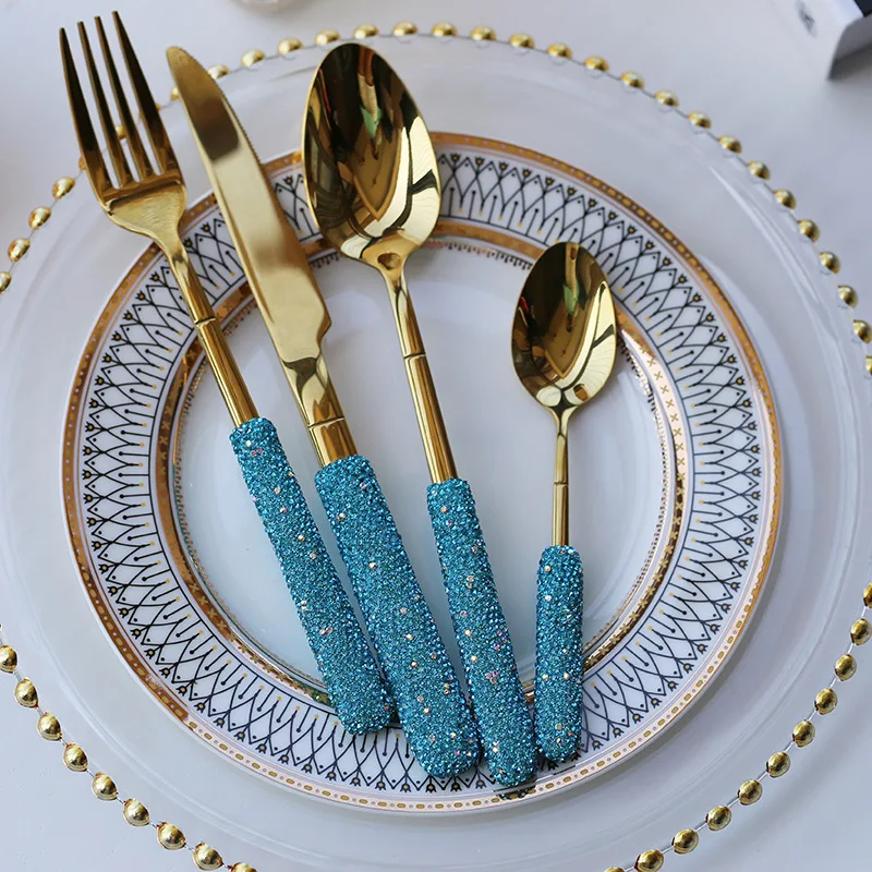 Luxury Spoon Fork Knife Set 304 Stainless Steel Cutlery Tableware Bling Sparkling Diamond Flatware Dish Set Dinnerware Set Gift