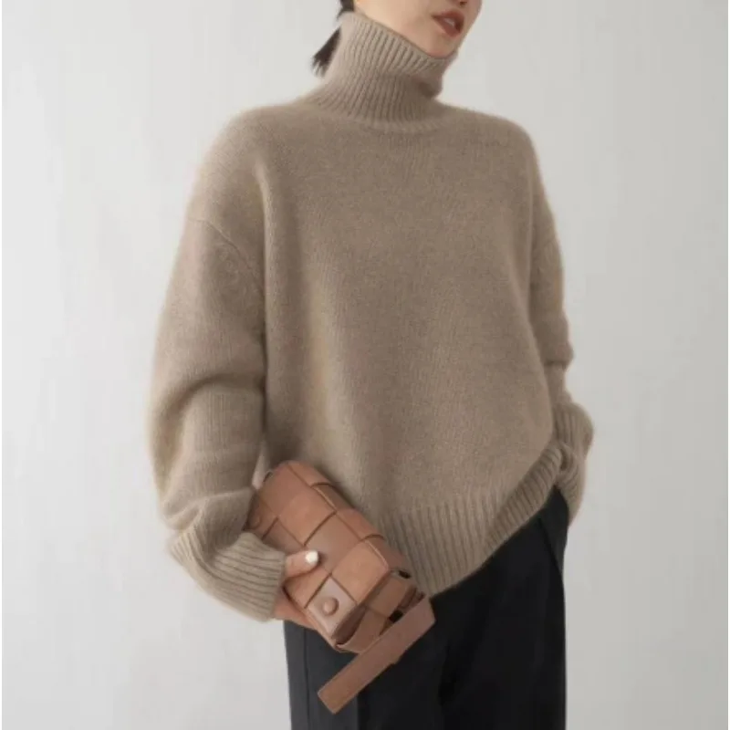 Turtleneck Loose Fashion Pullovers Women Knitted Basics Solid Loose Sweater Female Long Sleeved Knitted Pullovers Autumn Winter