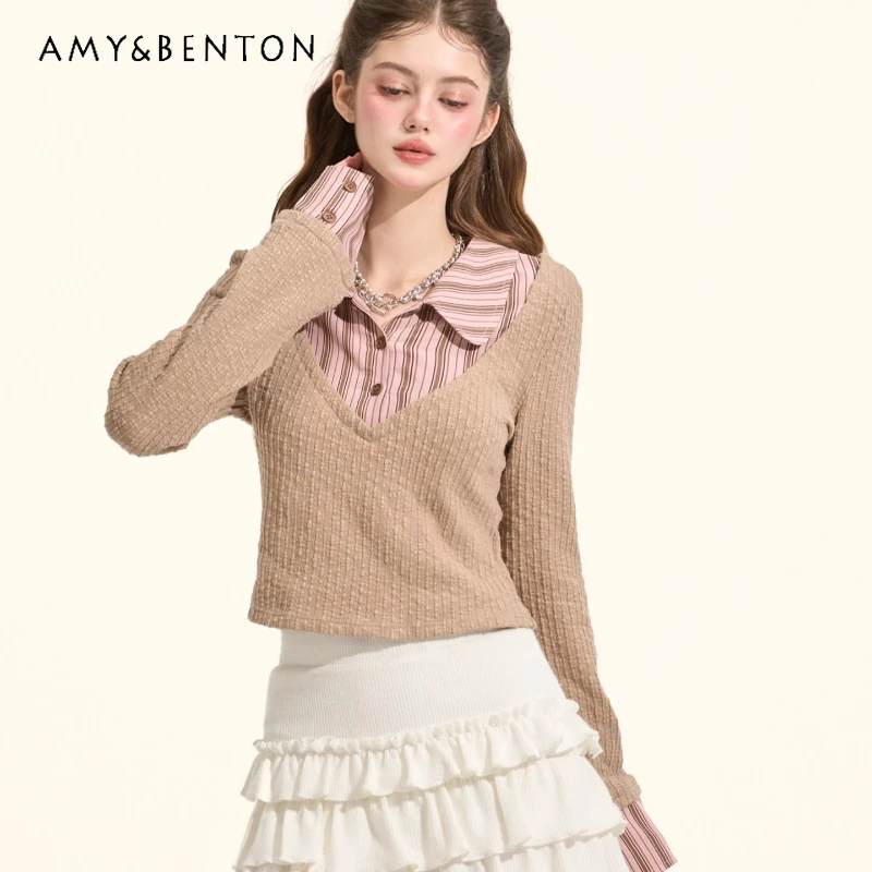 

Vintage Design Women's Clothing Autumn New Pink Brown Striped Turn-Down Collar Splicing Fake Two-Piece Knitted Short Top Ladies