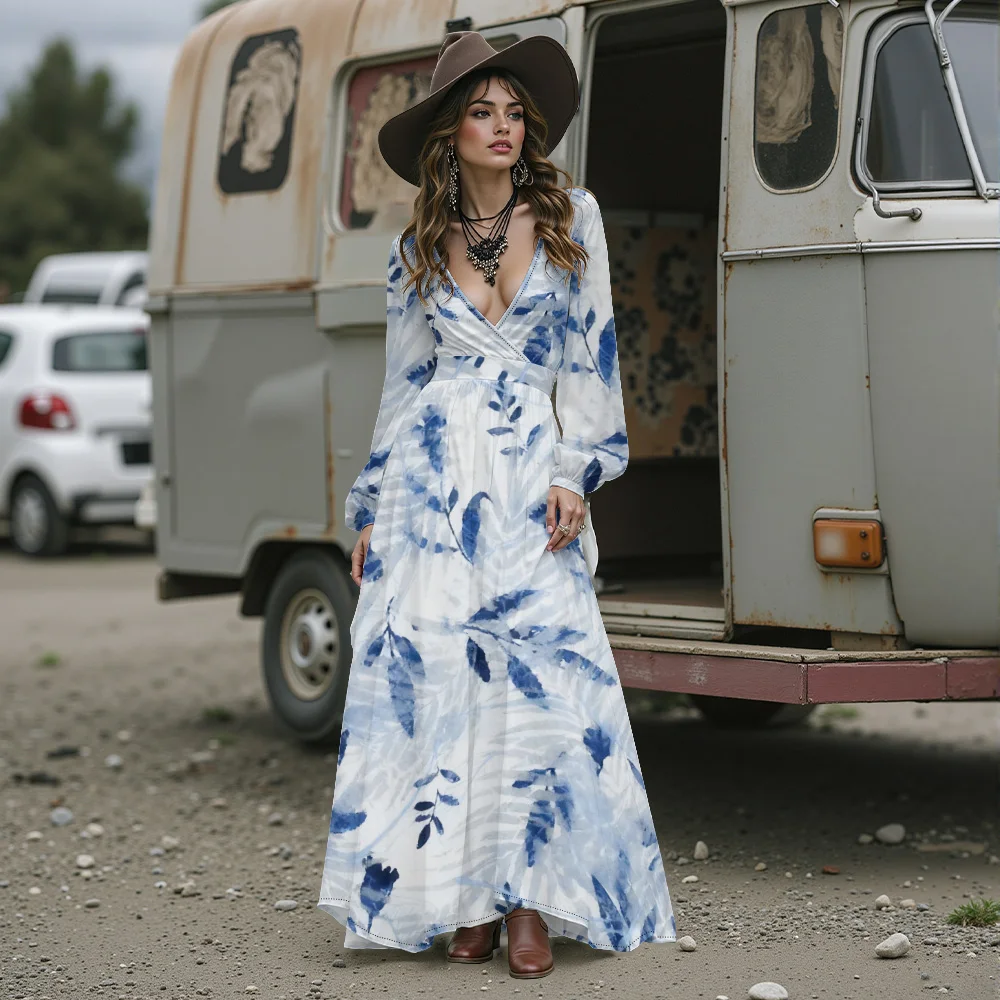 فستان ماكسي بوهو استوائي للنساء مثير بفتحة رقبة شكل v عميقة فستان شيفون منفوش لقضاء العطلات والمهرجانات الخريفية وحفلات الشاطئ ثوب طويل