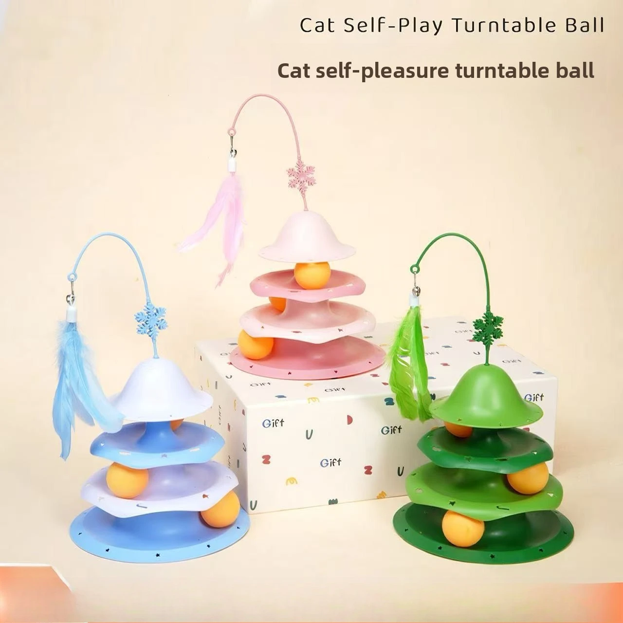 Christmas Themed Cat Roller Track Training Toy 3 Levels with Feather Teaser Anti-slip Base Improve Kitten Focus Holiday Toy