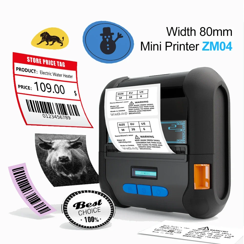 ZM04 Portable Thermal Label Receipt 2 in 1 Printer Zywell 80mm Bluetooth inkless printer