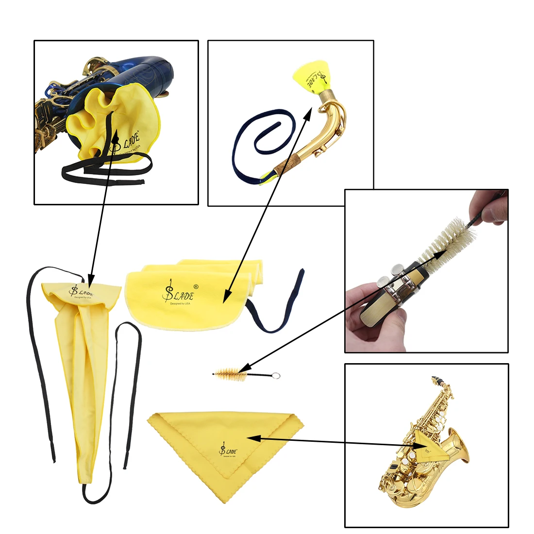 SLADE 4-piece Set Saxophone Cleaning Sets Wiping Cloth Thong Cloths Stereo Mouthpiece Brush Cleaning Tools Saxophone Accessories