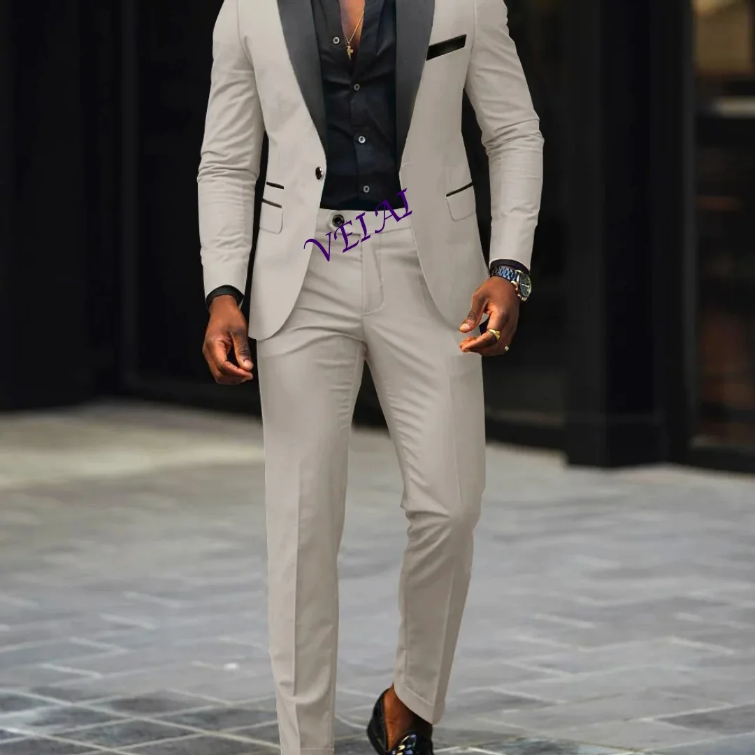 

CustomizedAutumn Men Two-piece Set Patchwork Single-breasted Long Sleeve Blazer Man Straight-leg Pants Slim Wedding Male Suit Ou