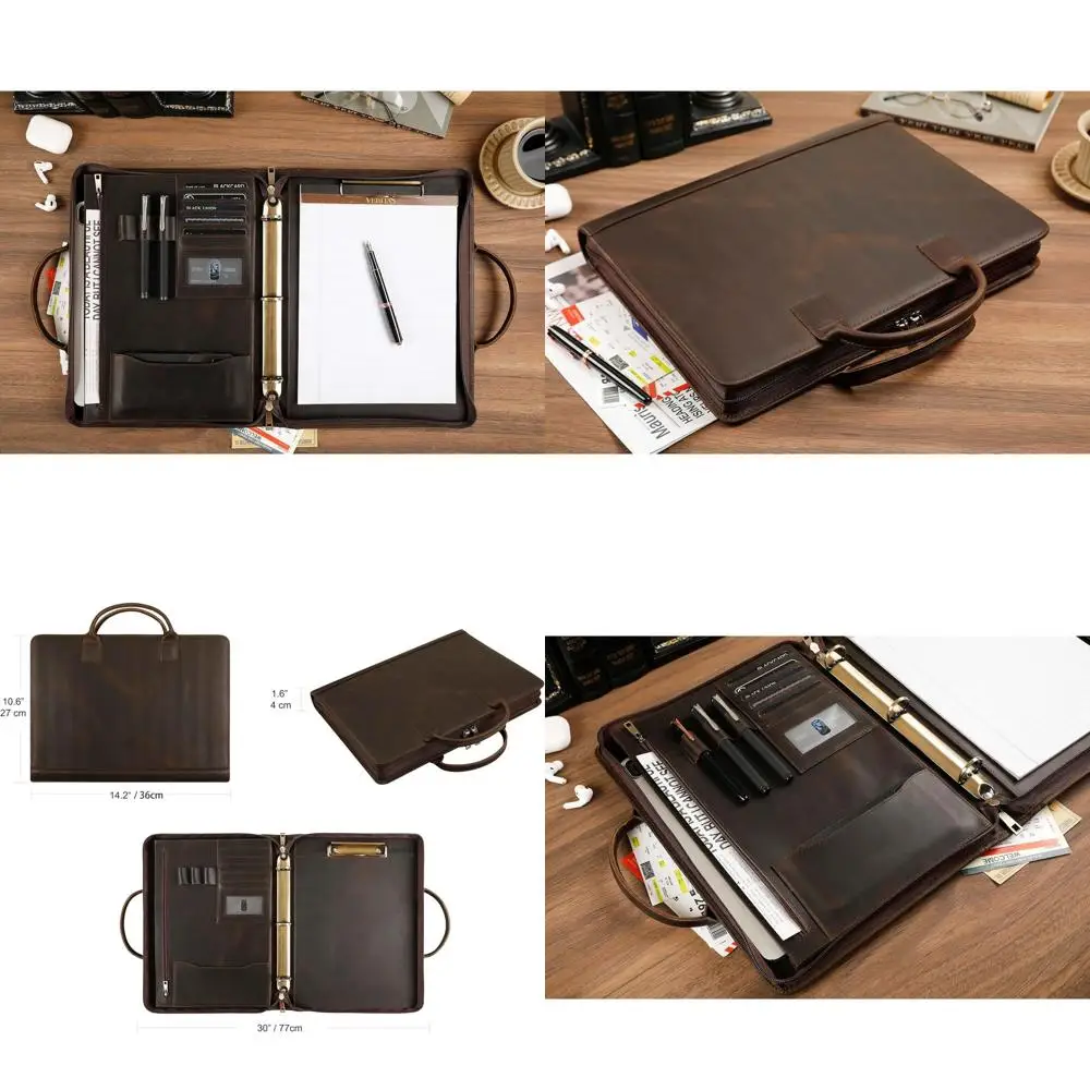 

Khaki Letter Size Leather Portfolio with Clipboard and Handle, Men's Work Organizer