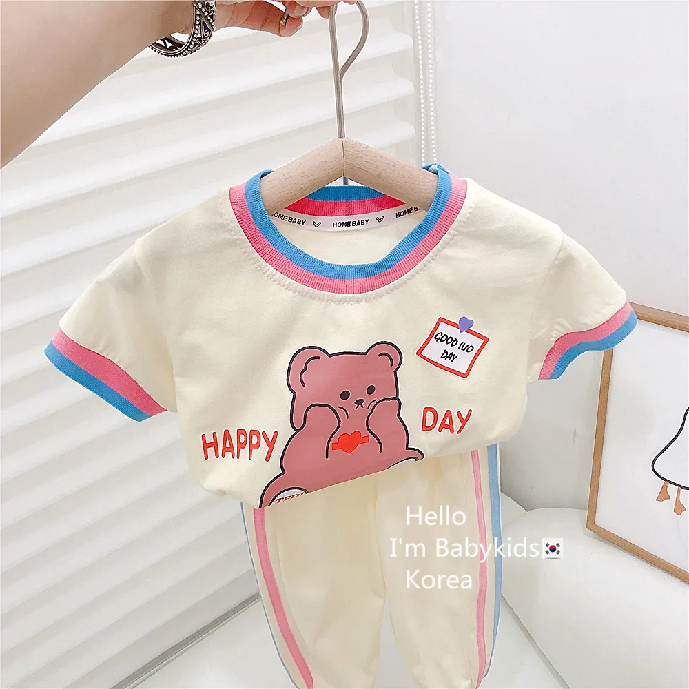 2024 Summer Toddler Girl 2PCS Clothes Set Rabbit Bear Short Sleeve Top Side Strped Pant Baby Girl Outfit Korean Infant Girl Suit