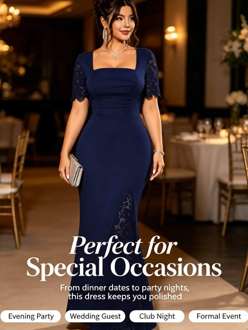 Abendkleid für große Größen, Damen, eckiger Ausschnitt, Spitze, kurze Ärmel, Maxikleid, elegantes, figurbetontes, langes Partykleid, formelles Kleid für Hochzeitsgäste – Detail 1