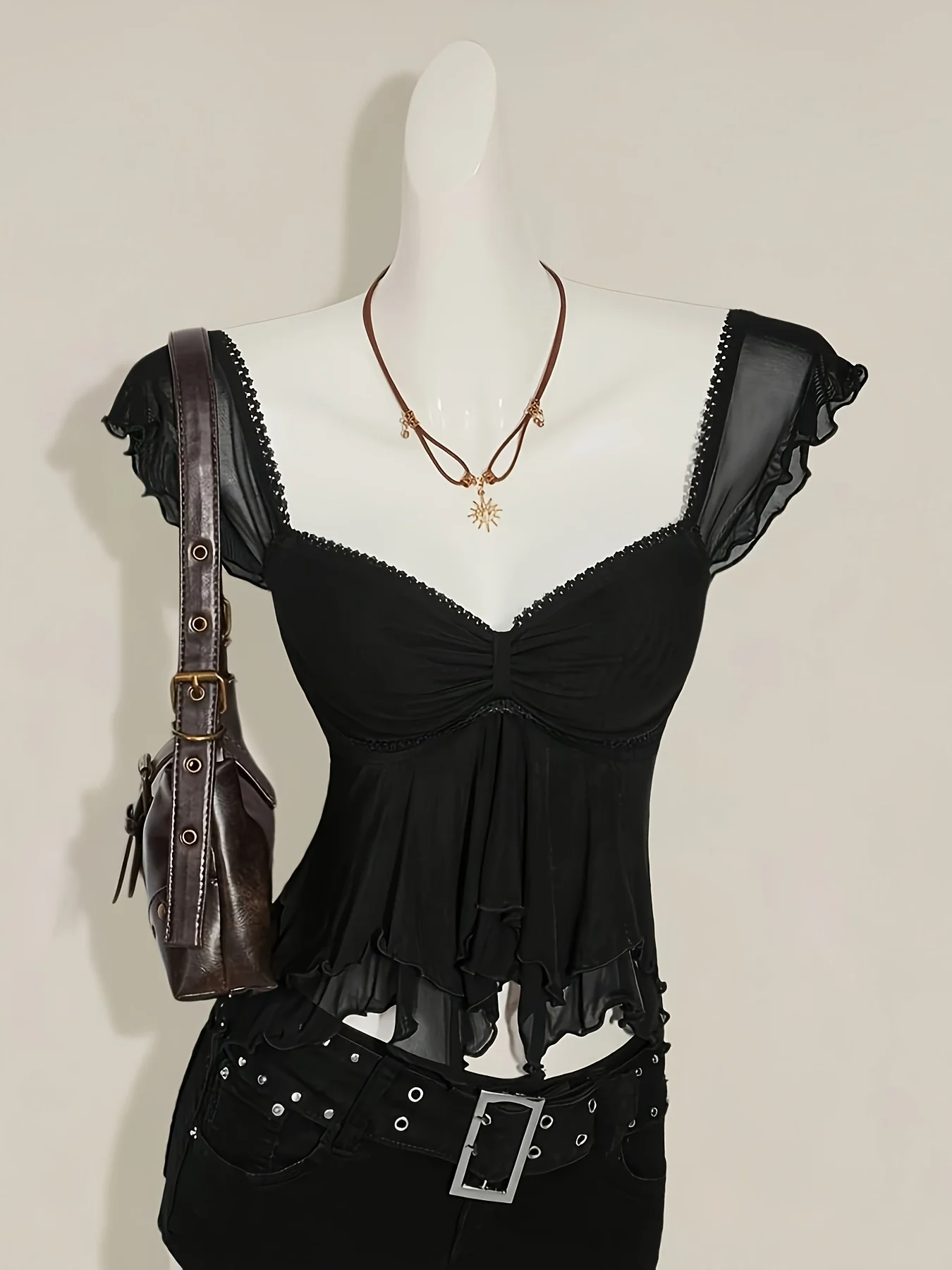 Spring and summer flutter sleeve French-style sexy girl V-neck irregular hem T-shirt, solid color, versatile, slim-fit, flatteri