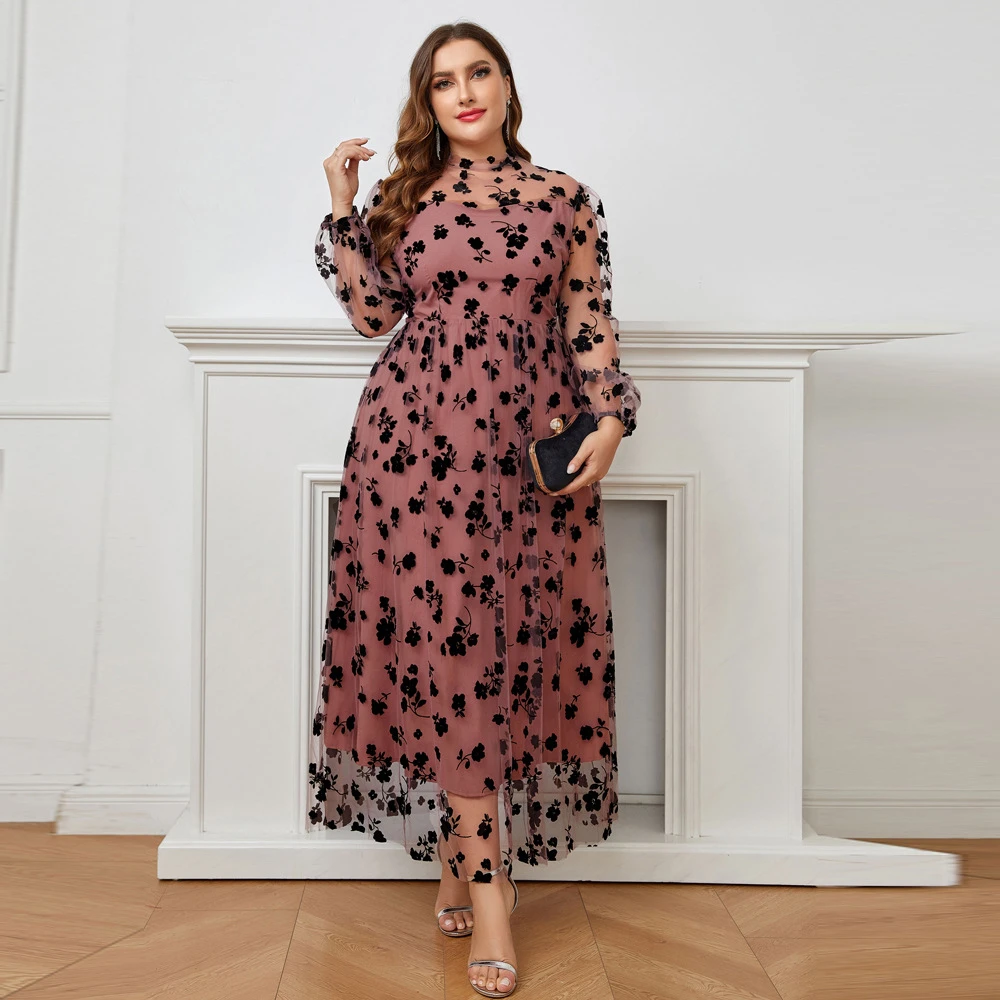 

Spring Autumn Casual Elegant Plus Size Dresses Women Large Maxi Floral Mesh Long Oversized Evening Party Prom Clothes Islamic