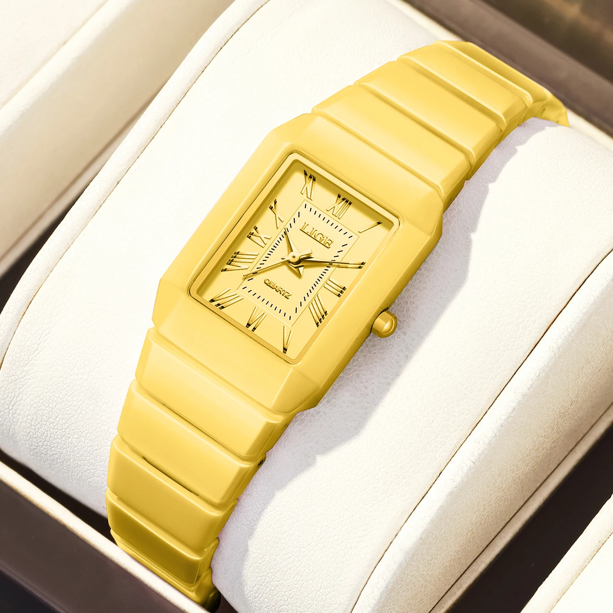 LIGE ゴールデンウーマンウォッチゴールデンフルセラミッククォーツ腕時計ローマ数字ダイヤルファッション腕時計女性用モントレファム