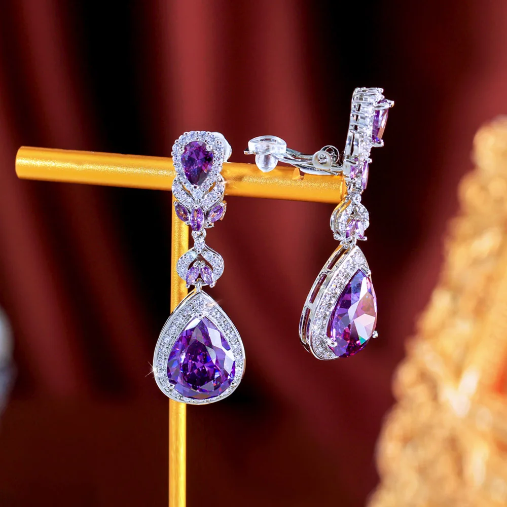 CWWZircons Bezaubernder lila Wassertropfen-Ohrclip mit Zirkonia-Besatz, Ohrringe ohne Ohrloch für Damen, Abendparty-Schmuck EJ0045 – Detail 9
