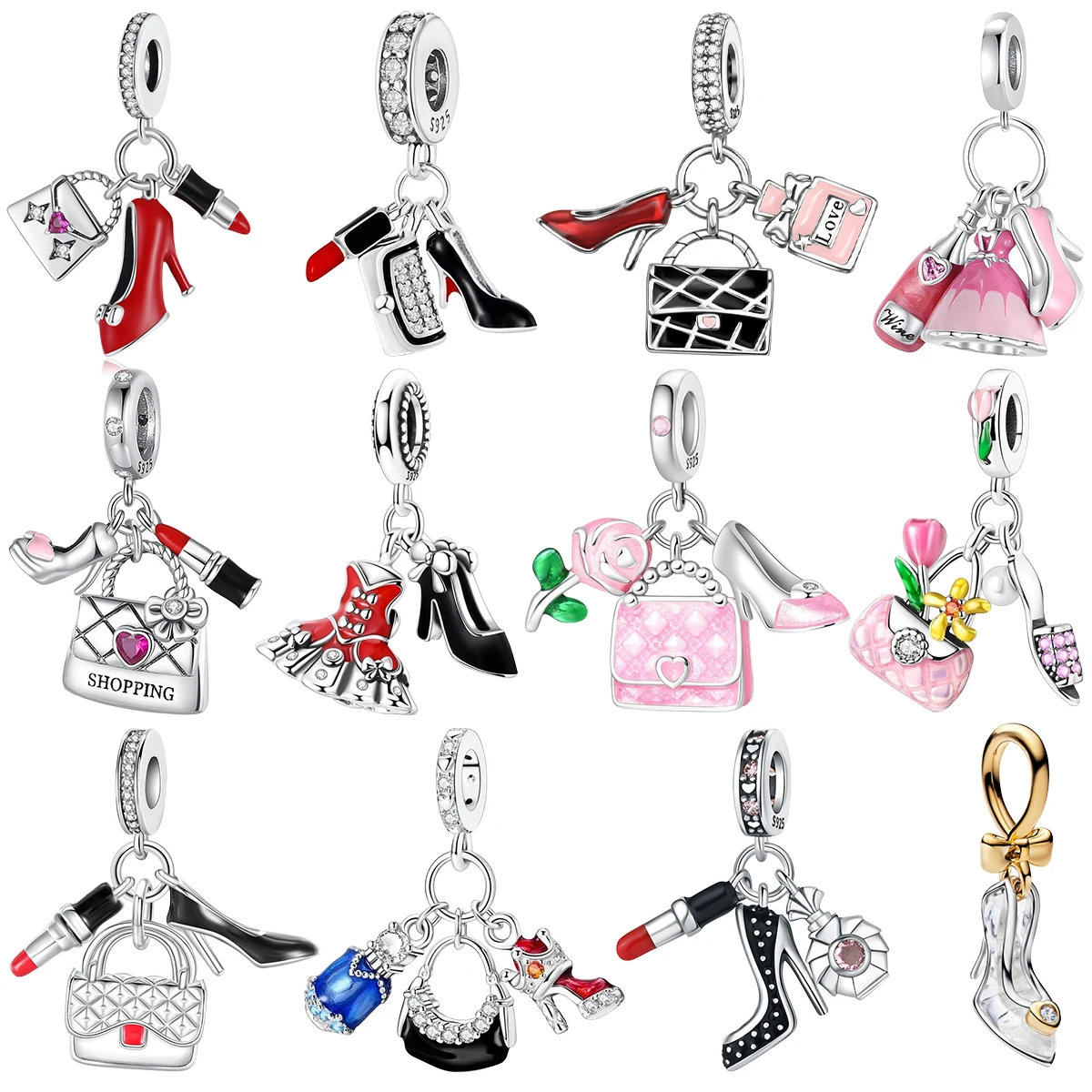 925 Sterling Silver Fashion Women Charms High‑Heeled Shoe Handbag Lipstick Perfume Dress Enamel Beads Fit Bracelet DIY Jewelry