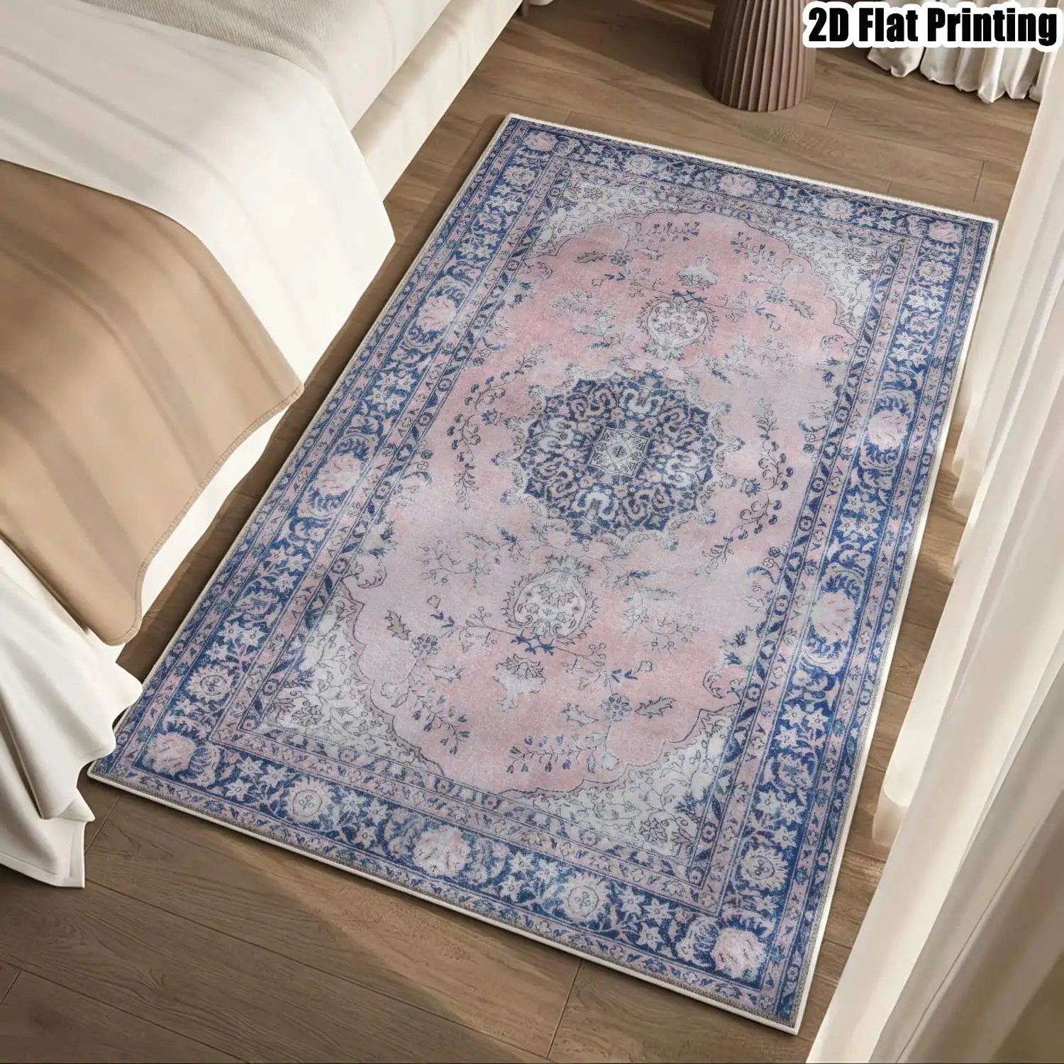 1Pc 2D Printed Pink Retro Floral Velvet Carpet: European Vintage Bohemian Geometric, Multi-Size, Machine Washable, for Entrance, Dining, Foyer, Bedroom, Living Room Home Decor