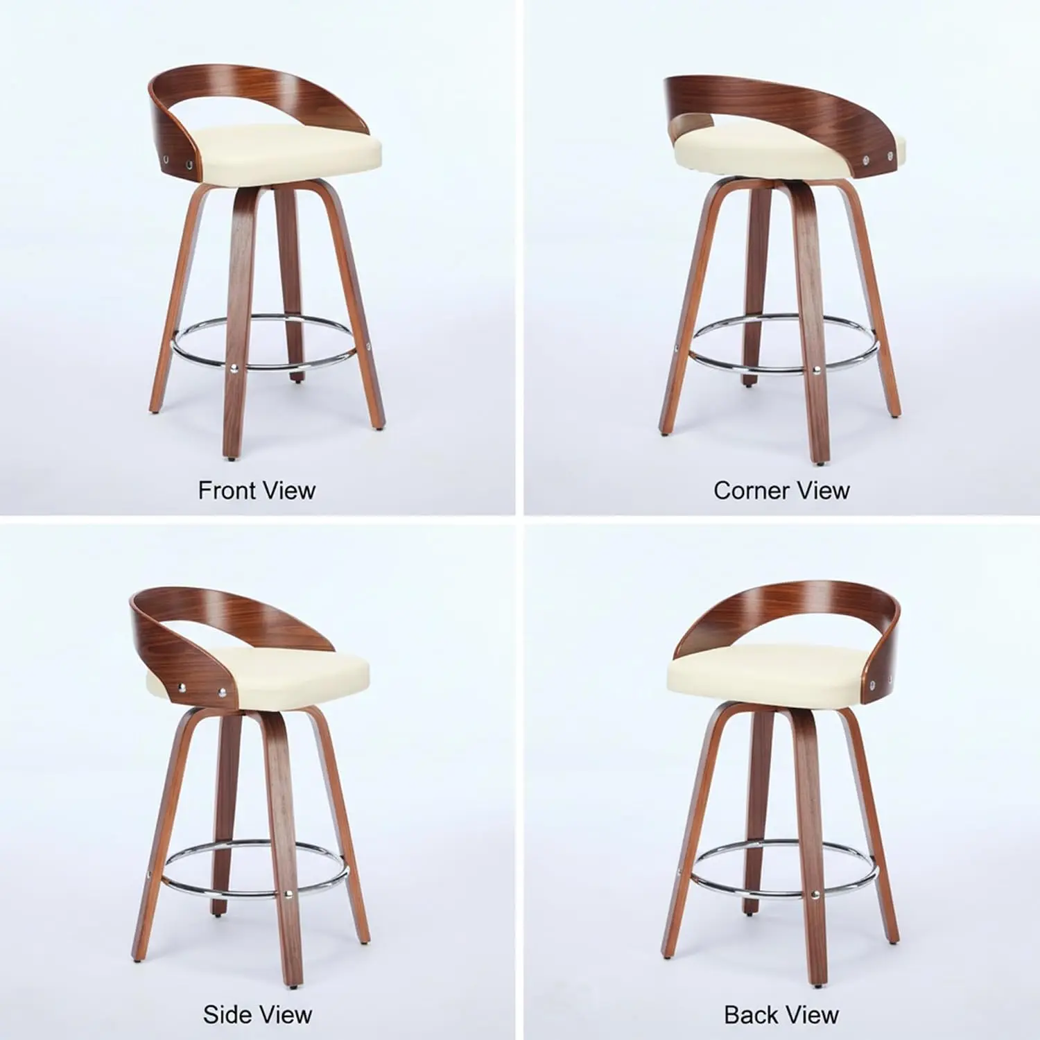 Mid Century Swivel Bar Stools Set of 6, 25" Faux Leather Counter Height Barstools with Walnut Back & Bentwood Legs, Customized - view 6