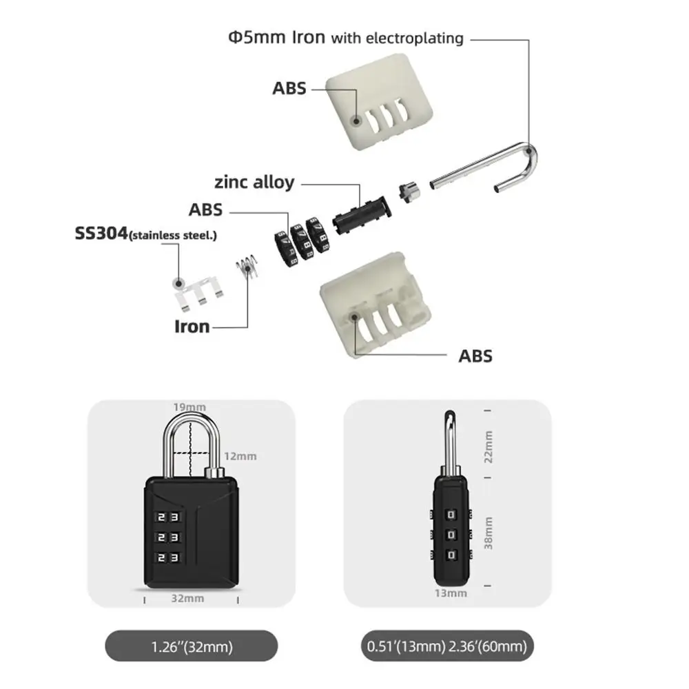 Mini 3 Dial Digit Travel Backpack Zipper Lock Dormitory Cabinet  Lock Luggage Padlock Password Lock