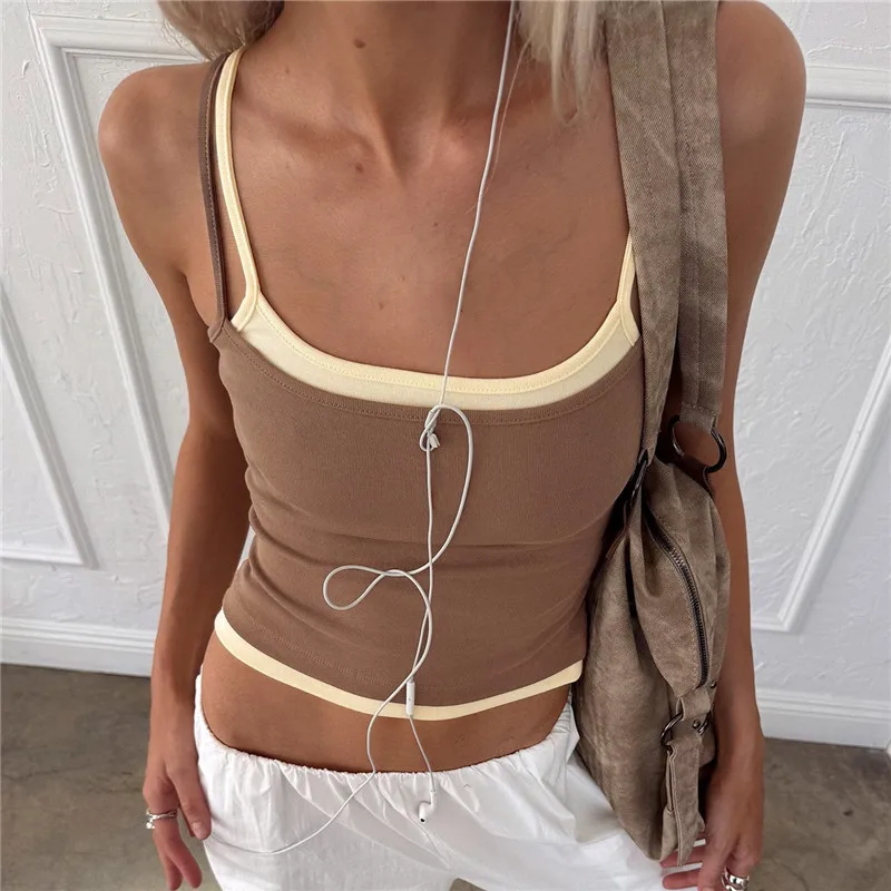 Women Y2K Color Block Spaghetti Strap Crop Top Double Layer Square Neck Fitted Cami Tank Top Summer Going Out Vest