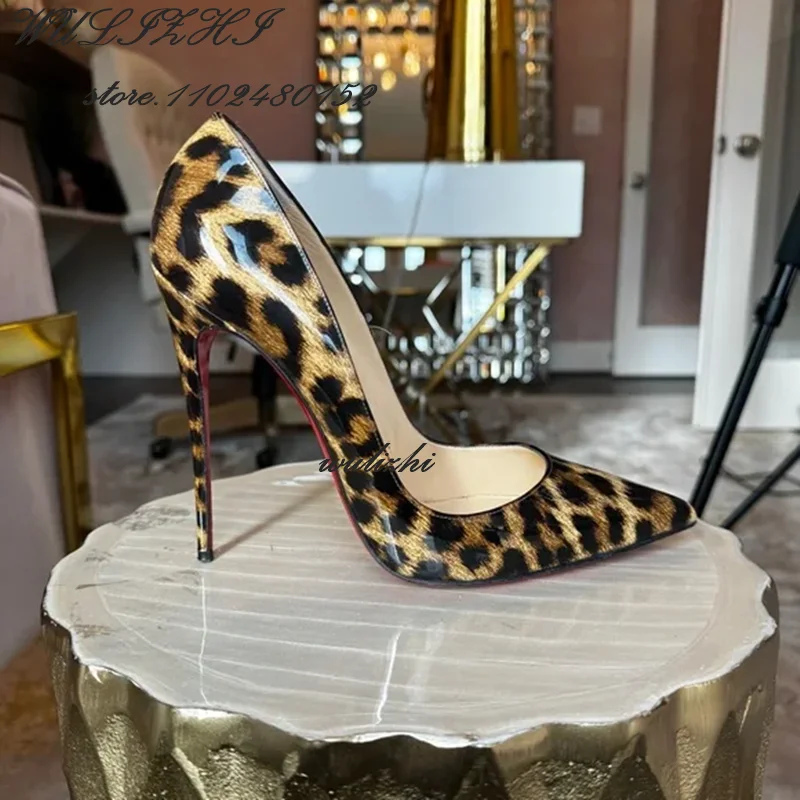 Apricot Spot Brown Leopard Print Stiletto Pump Woman Red Black Totem Print Heels Girl Party Wild Pointed Toe 12Cm Hot Chick Shoe