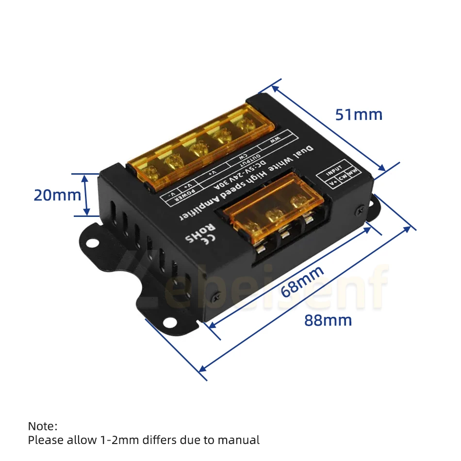 Dual Color LED High Speed PWM Amplifier DC 5V 12V 24V 30A Iron Shell for Low Voltage 2-Channel CCT Strip Light Dimmer Controller