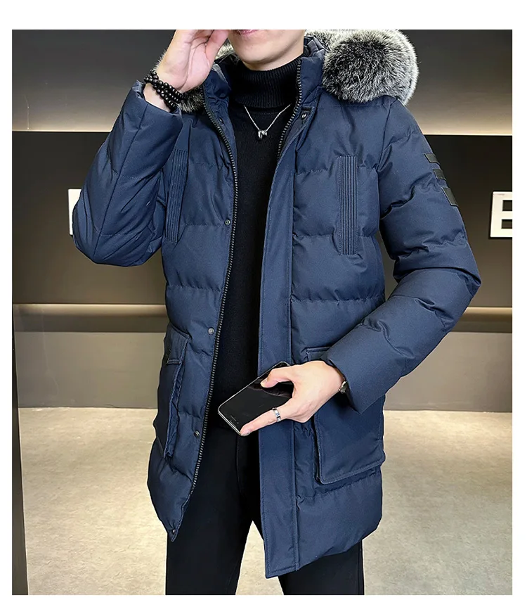 Autumn Winter Main Push Mid Length Solid Color Hooded Cotton Coat For Men Plus Size Korean Style Thick Warm Unisex Youth Trendy