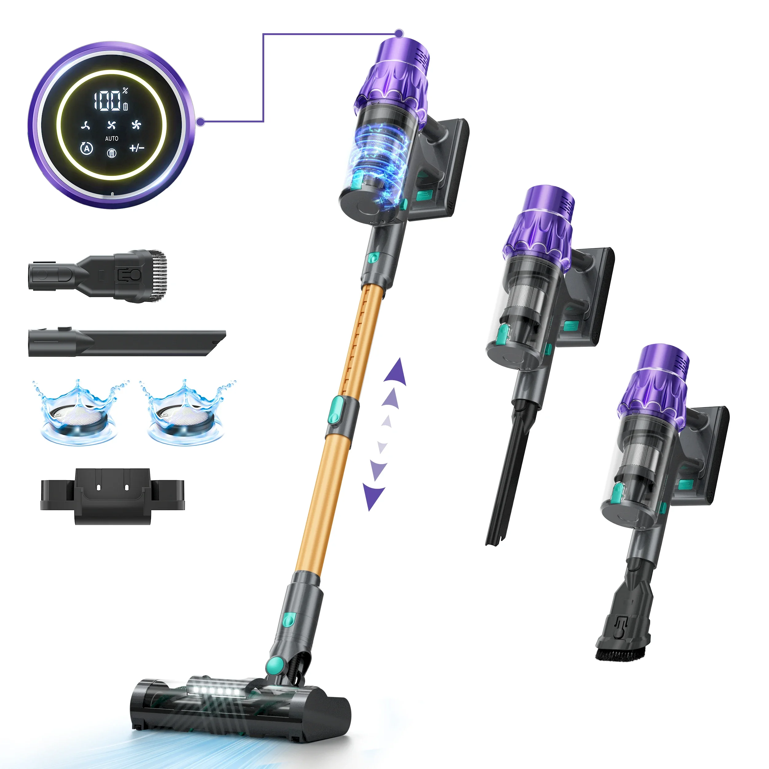 Cordless Stick Vacuum Cleaner RETTYCARE HC01 45Kpa Suction 8cell2500Mah Upright LED HeadLight &Touch Screen AdjustableTelescopic