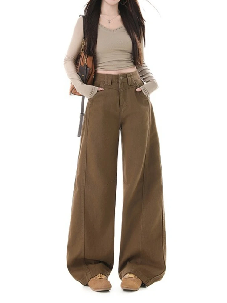 الخريف خمر واسعة الساق البني المرأة الجينز النساء عالية الخصر فضفاض الدنيم السراويل الكورية مستقيم المنشعب فضفاض بناطيل كاجوال