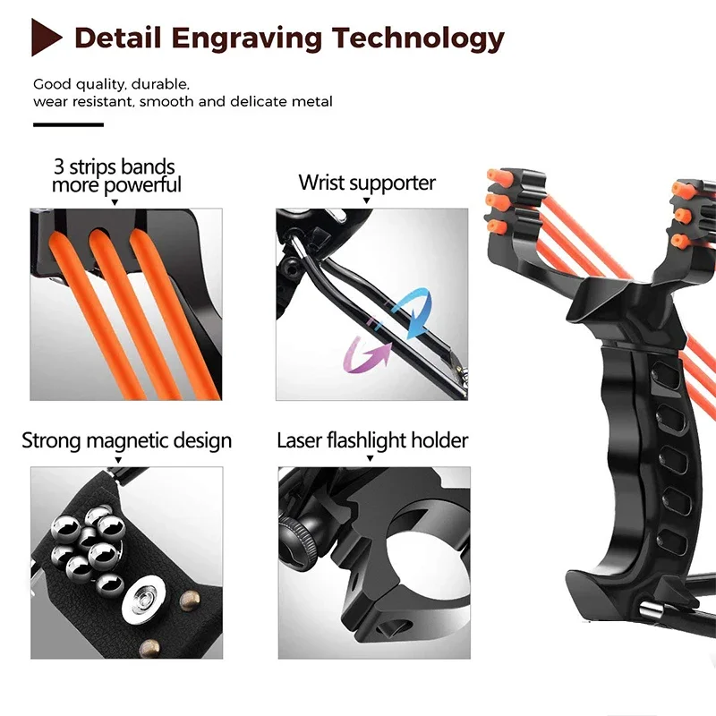 Poderoso Slingshot de Metal Dobrável, Tiro De Longo Alcance, Sucção Magnética, Descanso De Pulso, Equipamento De Caça Ao Ar Livre, Acessórios