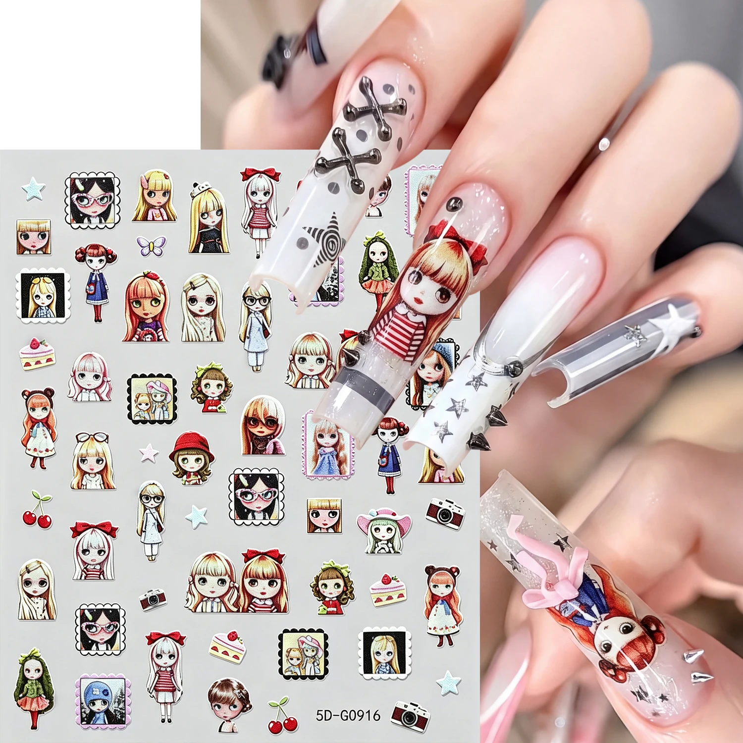 Y2K Sweet Cool Cartoon Doll Girls Nail Art Stickers Cute Fashion Doll Character Girl Photo Frame Star Decals DIY Manicure Decora