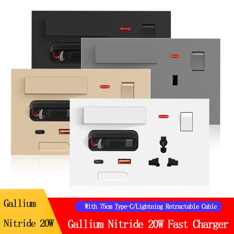 Cable de datos retráctil USB multifuncional de 3 pines estándar británico 147 Panel de enchufe de carga rápida tipo c de nitruro de gallio de 20W