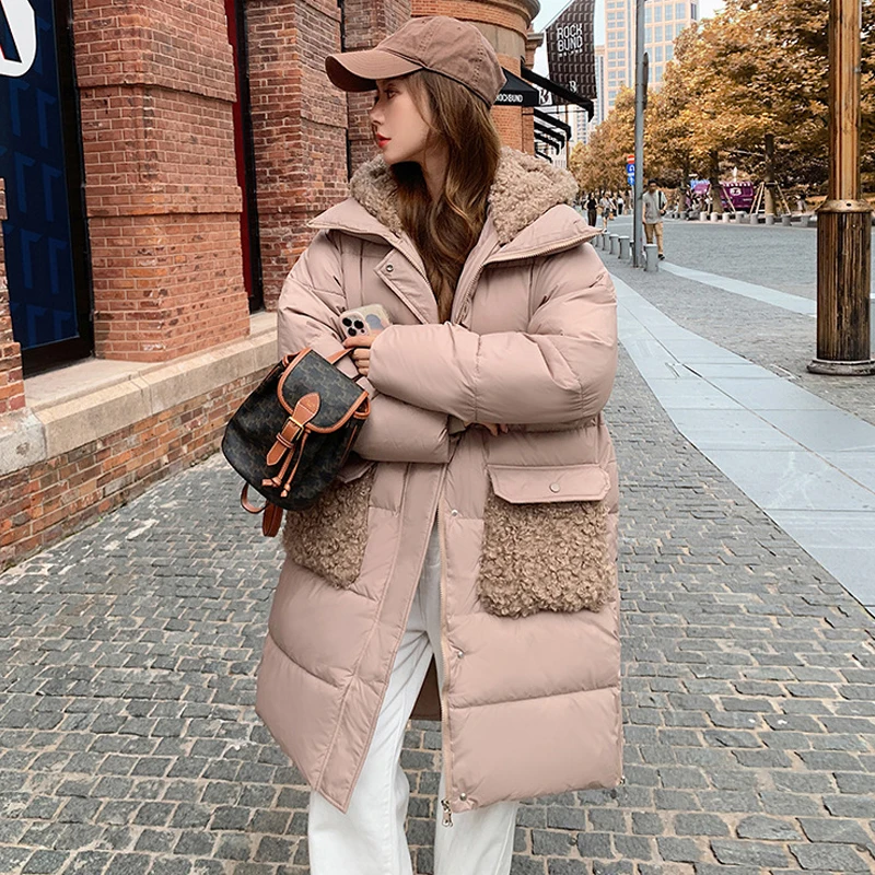 Women\'s Mid-length Hooded Cotton Jacket Winter Thickened Warm Lamb Wool Splicing Cotton-padded Outerwear Ladies Loose Snowsuit