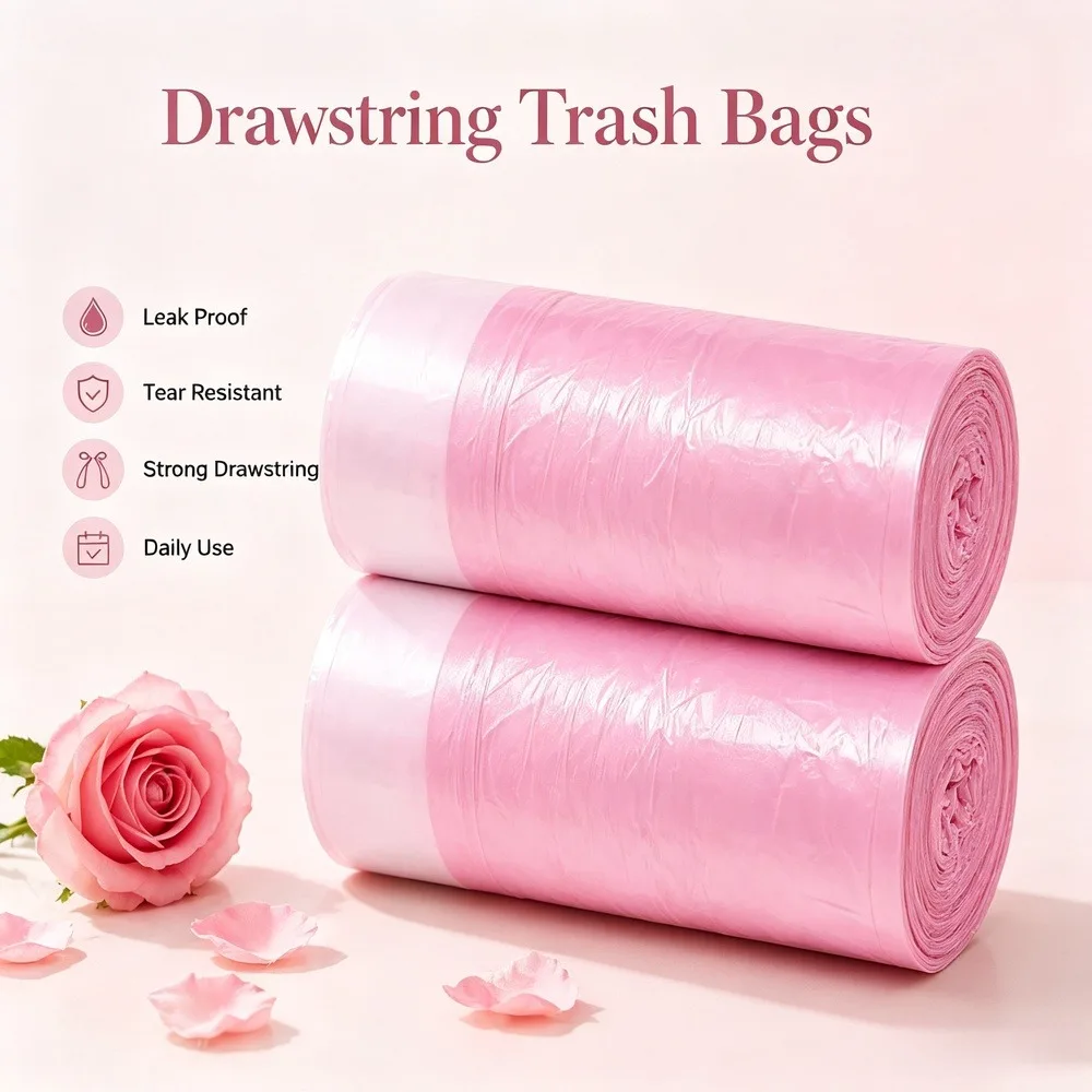 200Pcs Pink & White Drawstring Trash Bags – 4–5 Gallon Small Garbage Bags, Heavy Duty Leakproof Odor-Control Liners For Bathroom, Kitchen, Bedroom & Home Use, Durable Strong Household Waste Bags