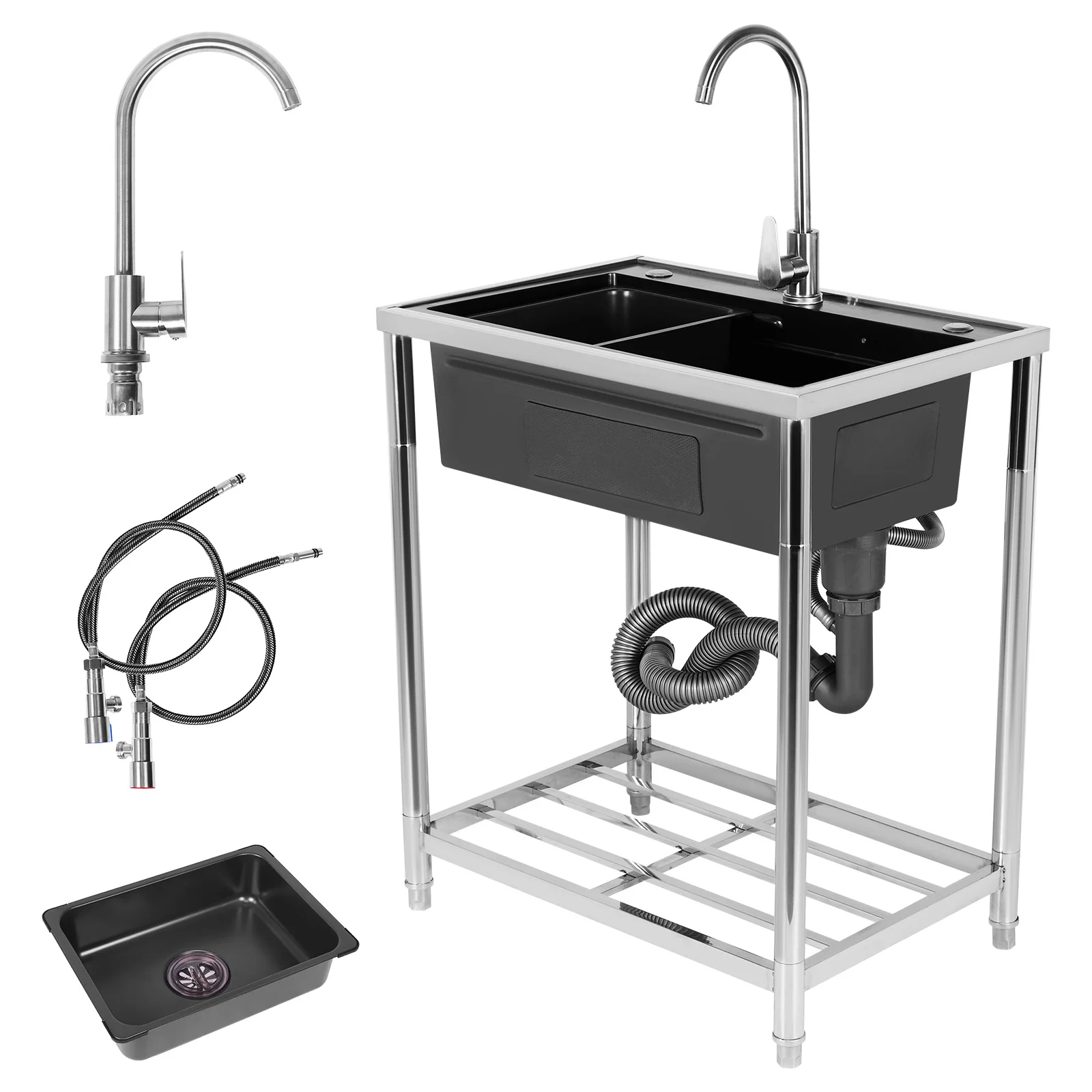 Fregadero multifuncional con soporte ajustable, fregadero de lavabo hecho a mano, juego de fregadero de un solo cuenco a prueba de óxido con grifo de agua fría y caliente
