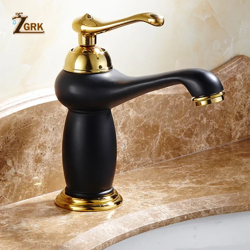 ZGRK Basin Faucet Brass Black Gold Bathroom Sink Faucet Single Handle Deck Mounted Vintage Wash Mixer Tap Lamp Style Crane