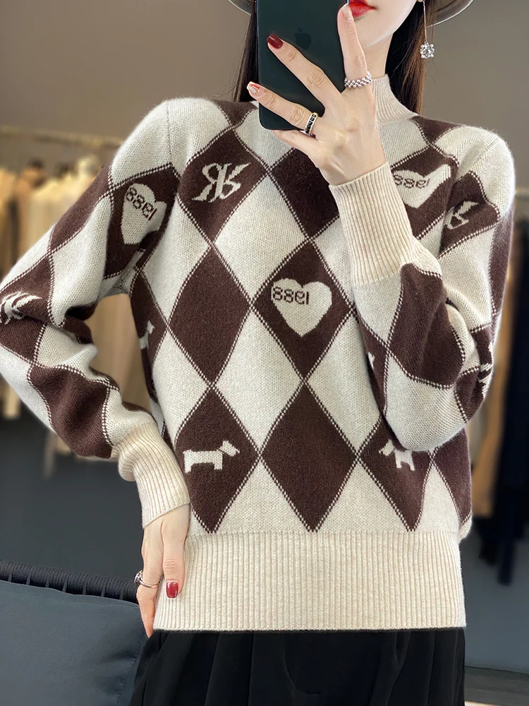 

Addonee Spring Autumn Mock Neck Two Tone Grid Design100% Merino Wool Knitted Women Comfortable Sweater 2024 New Fashion