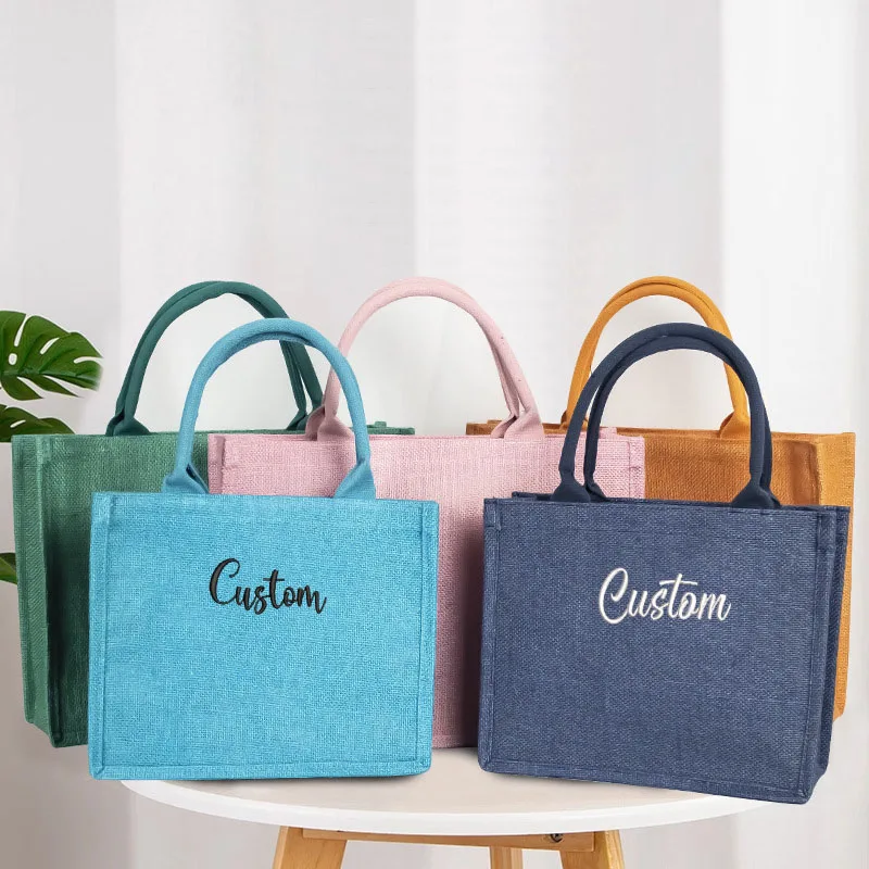 Borsa a mano di grande capacità color caramella borsa di tela semplice personalizzata con Logo personalizzato borsa speciale in lino di cotone regalo