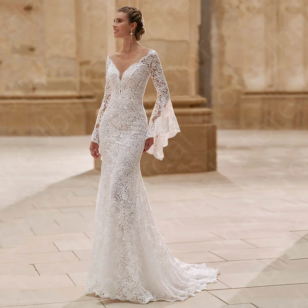 

Customized New Exquisite Wedding Dresses Lace Mermaid Bridal Gowns White Bride Dresses V Neckline Wedding Gowns Long Sleeves