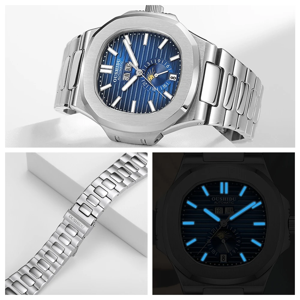 OUSHIDU-reloj automático de lujo para hombre, pulsera mecánica de marca superior, fase lunar, relojes luminosos impermeables, nuevo, 2023