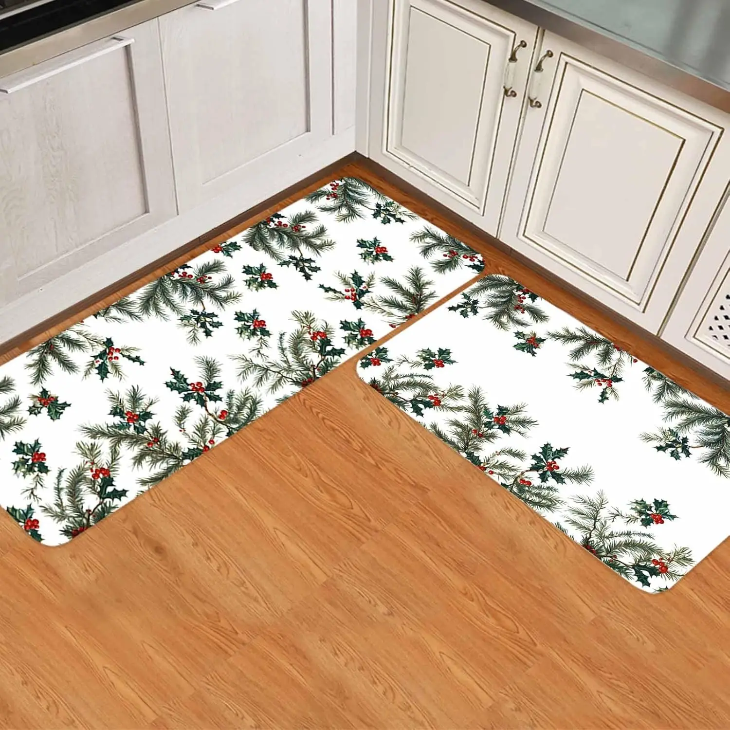 Christmas Pine Needle Plants Berries Kitchen Mat Decor Non-Slip Corridor Balcony Rugs Bedroom Floor Mat Christmas Decorations