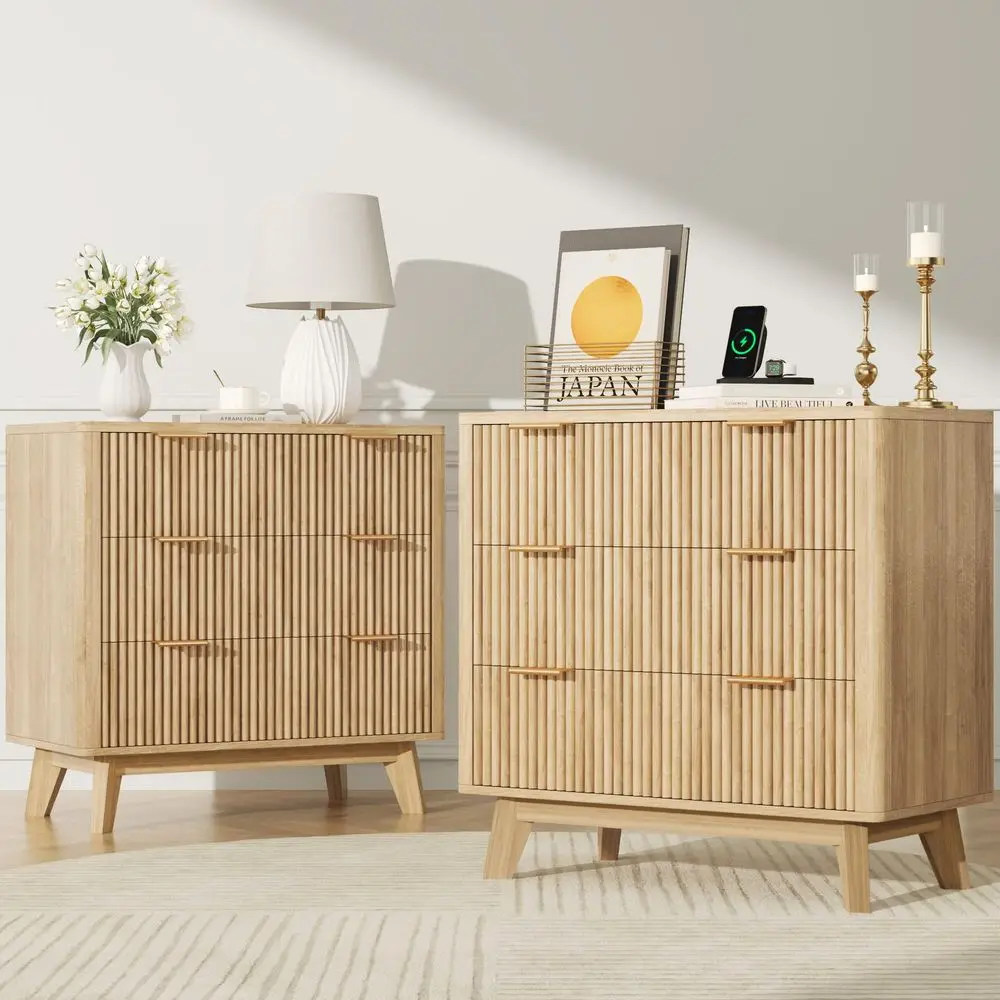 32 Tall Nightstands Set of 2 with Fast Charging Station, 32 Wide Fluted Night Stand with 3 Large Drawers, Modern End Table Besi