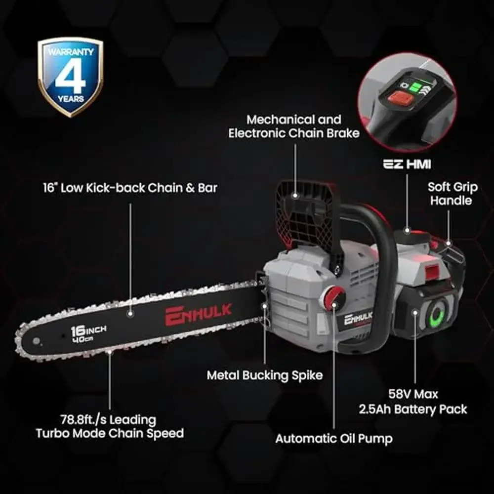 16-Inch Chainsaw with Brushless Motor and 2.5Ah Battery High Power Cutting Performance EZ HMI LED Control Panel Lightweight and