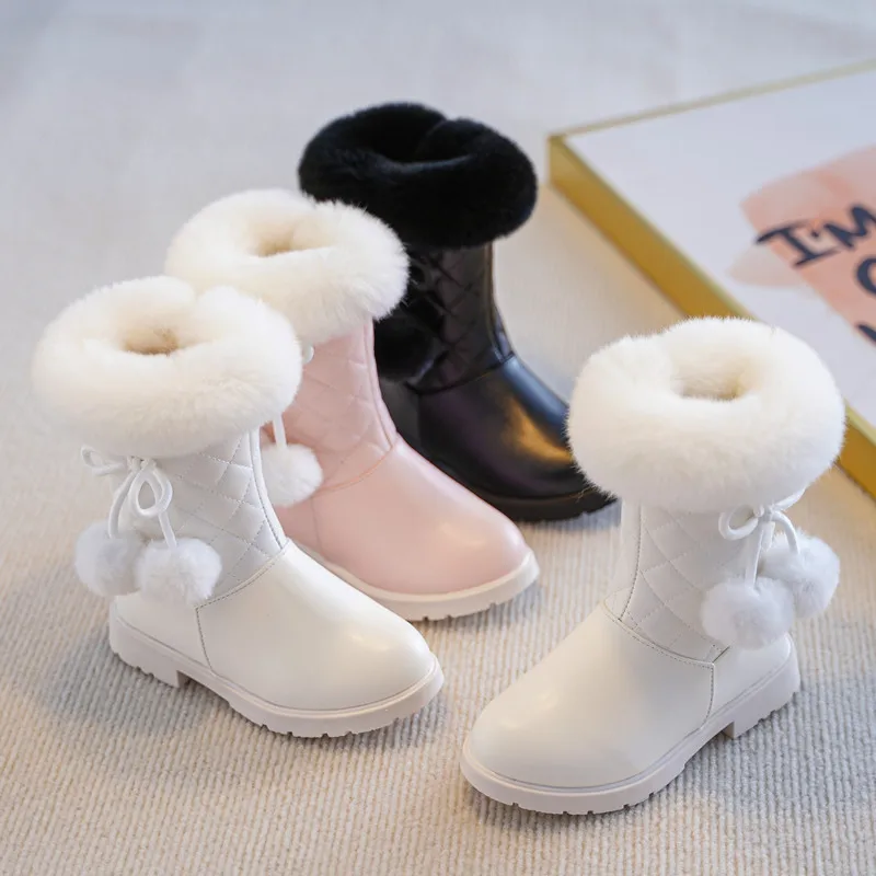 2026 Winter New Fashion Children Princess Boots Waterproof Girls Warm Boots with Bow Kids Snow Boots with Fur Plush 27-37