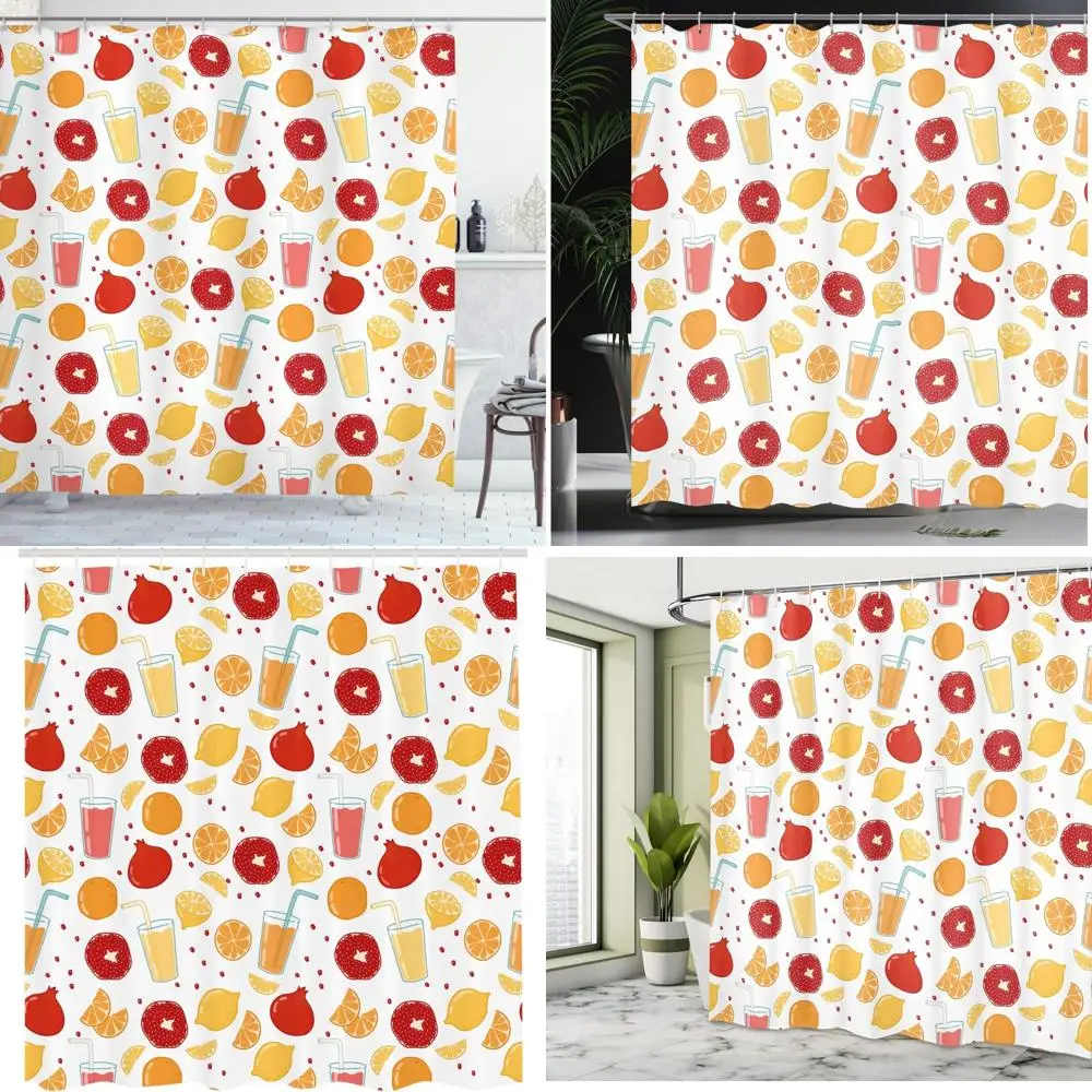 

Современная занавеска для душа на фруктовую тематику: гранат, апельсиновый сок, лимоны и вкусные наслаждения для ванной комнаты.
