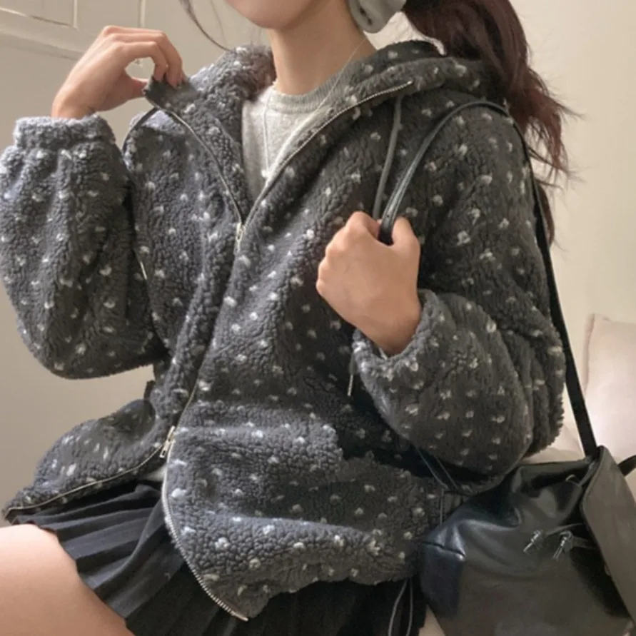 Chic Autumn Winter Hooded Zipper Design Lamb Fur Lined Thiened Cotton Jaet Women's Heart aped Coat Sli Agel Eleg...