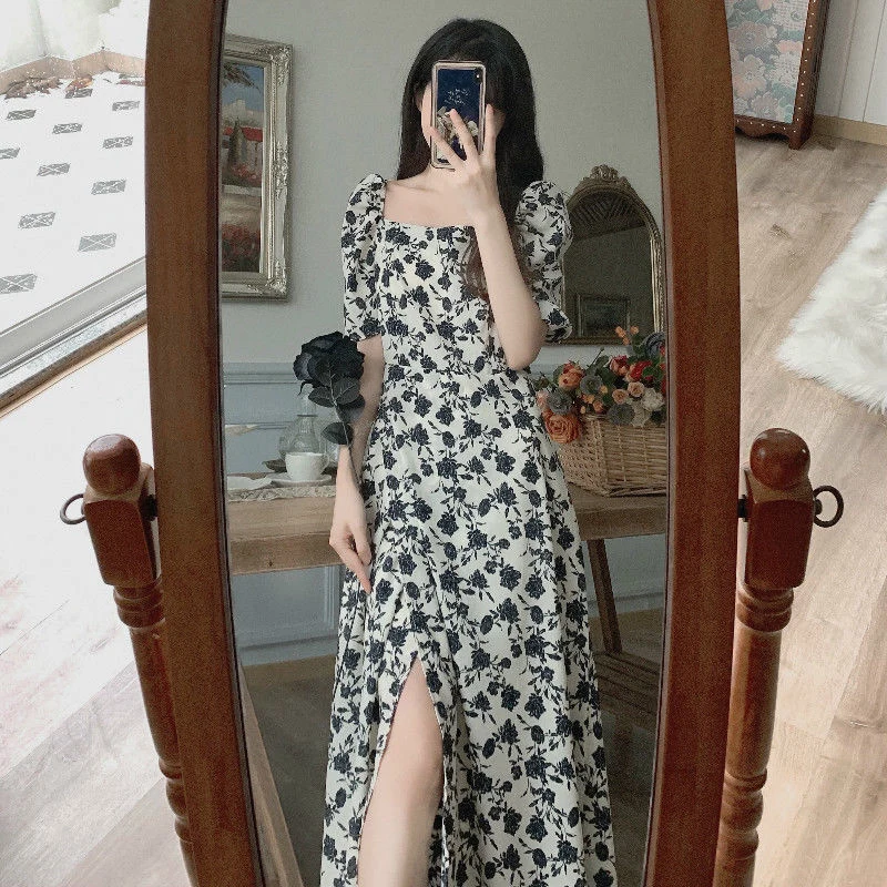 Summer Rose Floral Print Waist Robe Femme Temperament Fashion Chic Long Dress Women Elegant Aesthetic Casual Vestidos De Fiesta