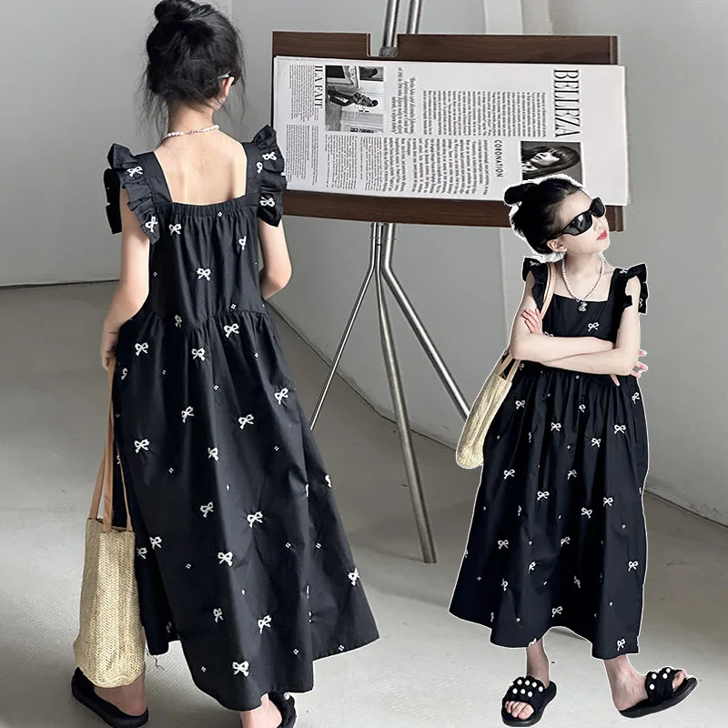 

baby girls black long dress embroidered bow princess vintage square collar maxi dresses vestidos kids clothes 6 to 16 yrs