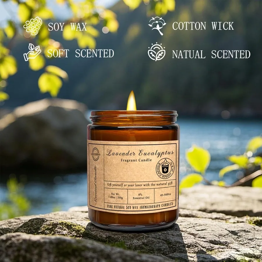 Velas perfumadas para ambiente doméstico Velas de aromaterapia de cera de soja de eucalipto de lavanda de 7 oz para aliviar el estrés y relajar NonToxi