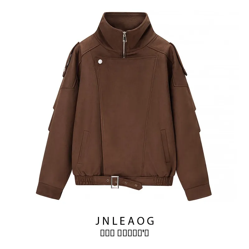 JNLEAOG Nouvelle Collection Automne – Blouson Moto en Cuir et Velours pour Femme, Style Urbain, Chaud, en Polyester, Col Montant, Fermeture Éclair