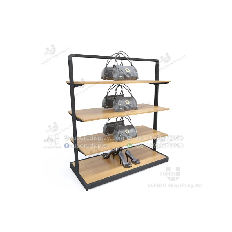 (customized)China Bag and Shoe Display Shelves Showcase Design Floorstanding Luxury Wood Leather Shoes and bag display