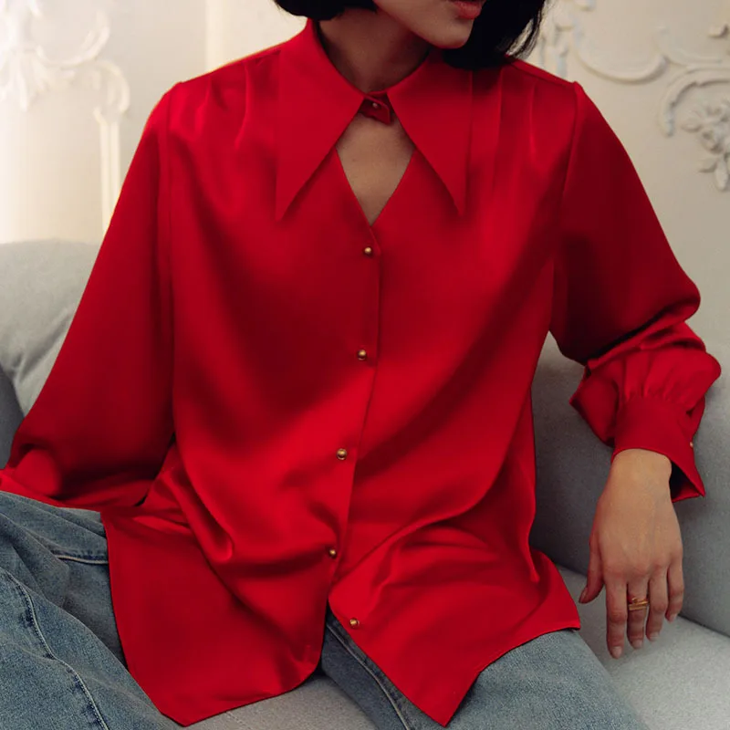 European and American 2024 Autumn New Collar Long Sleeve Shirt Satin Temperament Niche French High-end Women\'s Blouse