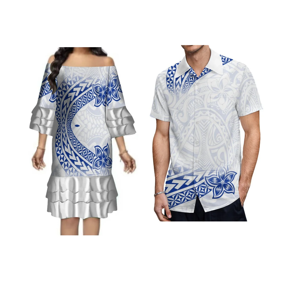 

Polynesian Strapless Women Layered Dress Samoan Island Style Men'S Shirt Hawaiian Couple Style Personalized Wear