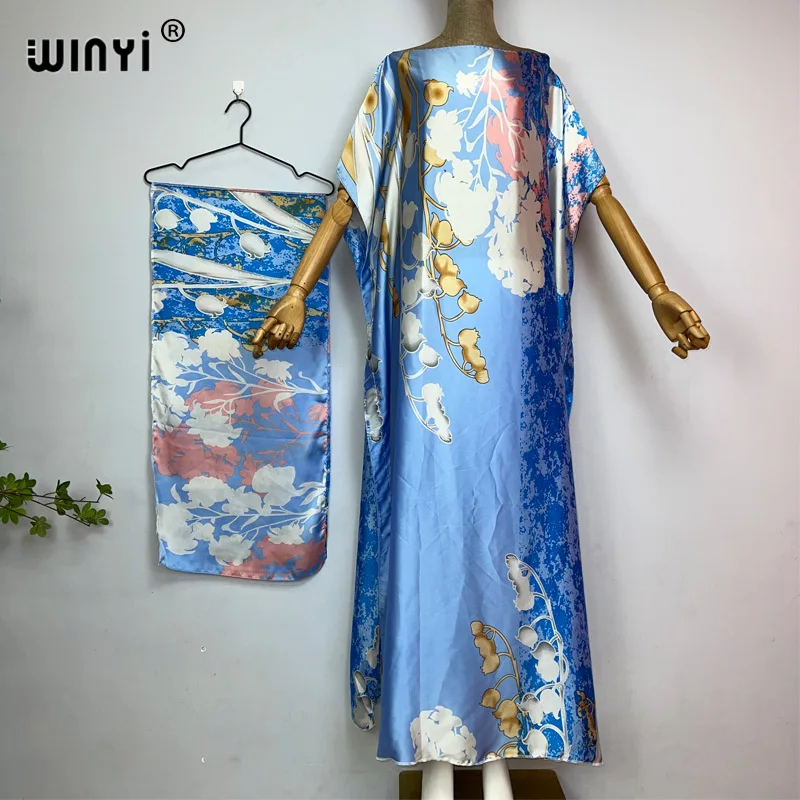 WINYI Africa summer Long Dress with belt Women fashion Print kaftan Casual Elegant Holiday summer Maxi silk Bohemian party dress